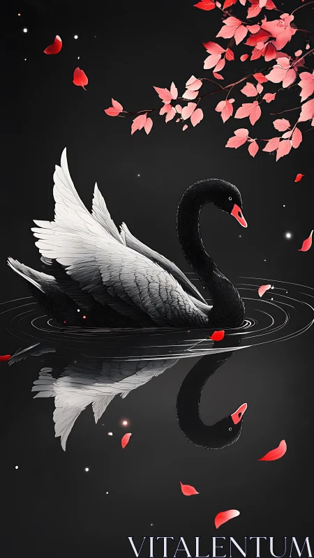Symmetric black swan reflection amid falling red petals.
