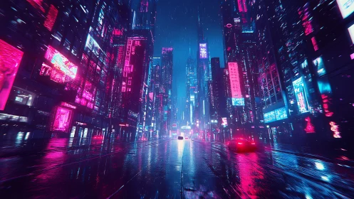 Rain-soaked neon avenue reveals dense high-rise cyberpunk grid