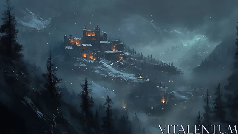 Snowbound mountain fortress glows through wintry mist at night.