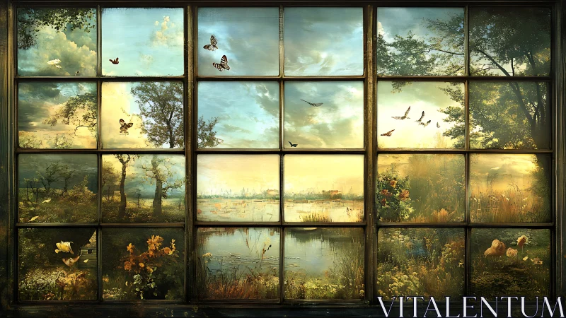Window grid frames composite landscape with sky, water, and flora