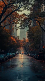 Urban street is framed by autumn trees after rainfall