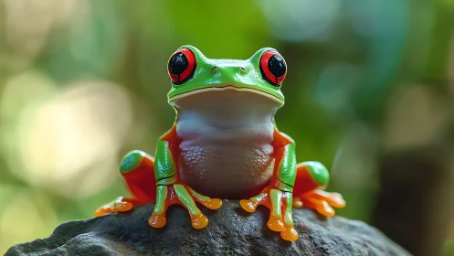 Tree frog sits on rock in shallow depth macro composition