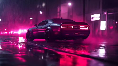 Nighttime street scene shows parked sports car in heavy rain