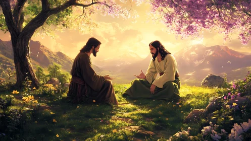 Two robed men conversing in sunlit mountain meadow landscape.