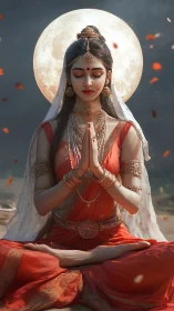 Serene woman in red sari meditating before full moon.