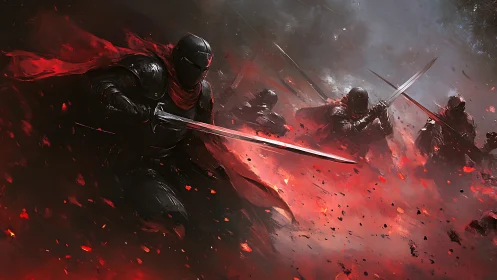 Armored swordsmen charge through ember storm in red-lit battlefield