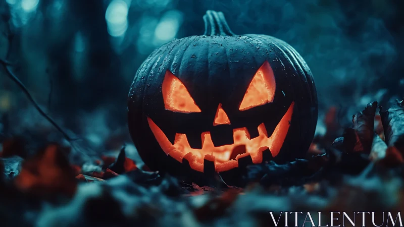 Carved jack o lantern sits illuminated on damp forest floor