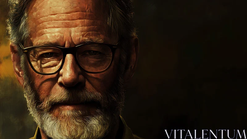 Weathered scholar in ember light, half-shadowed wisdom gaze.