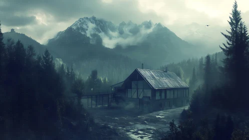 Mist-drenched mountain lodge brooding at the forest’s edge.