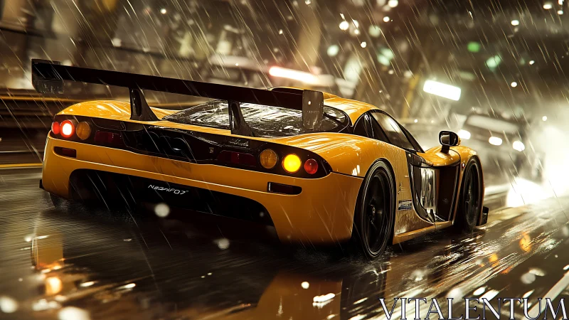 Yellow race car powers through neon city rainstorm night.