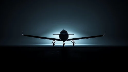 Sleek private airplane front silhouette under studio backlight.