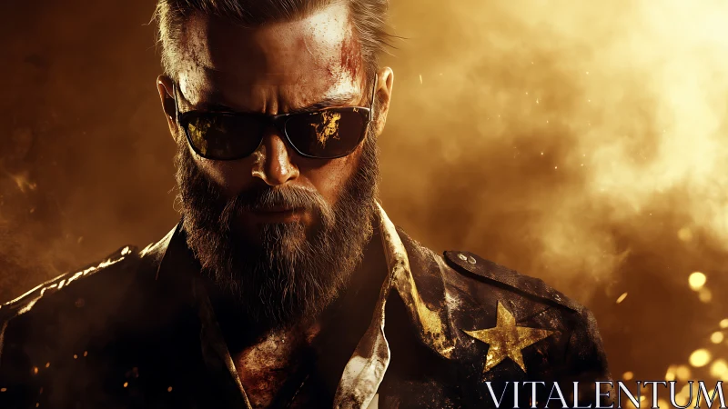 Bearded man in sunglasses stands in golden smoky backlight