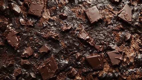 Chocolate Chunks Scattered on Dusted Cocoa Powder Surface. Macro Detail
