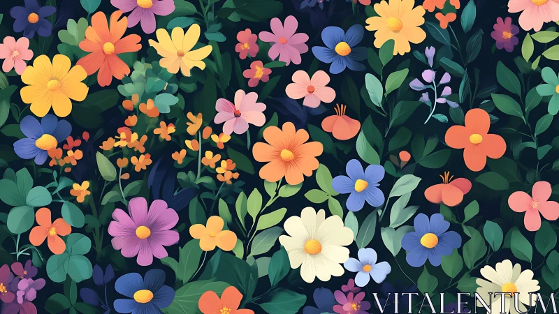 Dense floral composition with varied color palette on dark background.