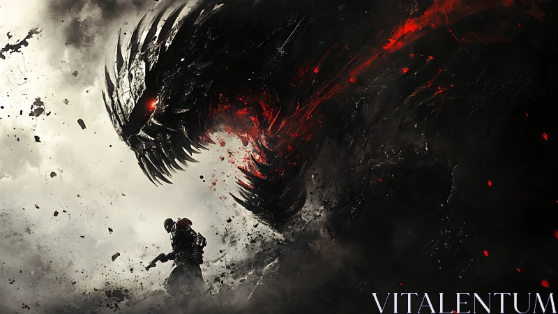 Lone armored warrior confronts colossal shadow dragon in ash