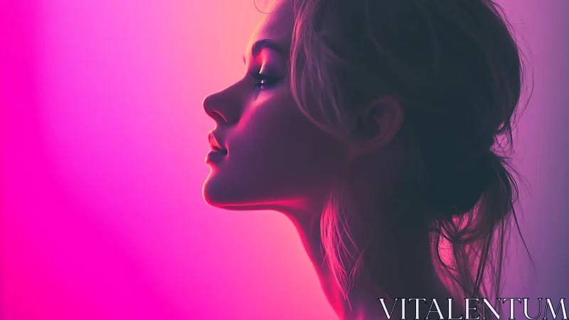 Neon halo silhouette of a serene girl adrift in magenta glow.