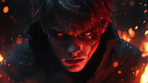 Fierce ember‑eyed rebel emerging from the heart of flame.