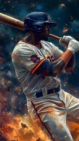 Cosmic slugger poised to swing under a glowing galaxy sky.