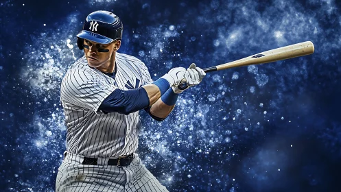 Baseball slugger in pinstripes swings bat through blue sparks