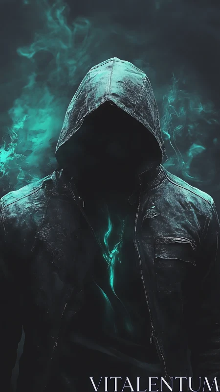 Cyberpunk hooded wraith with teal energy core portrait framing.