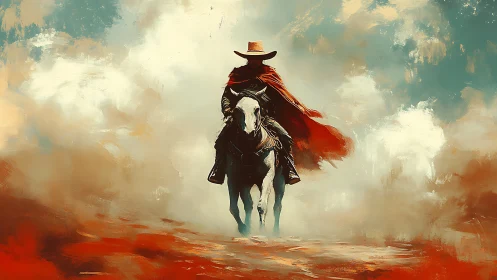 Lone cowboy on horseback crossing a windswept desert.