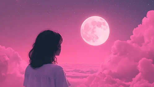 Girl in pink clouds gazes at glowing full moon dreamscape.