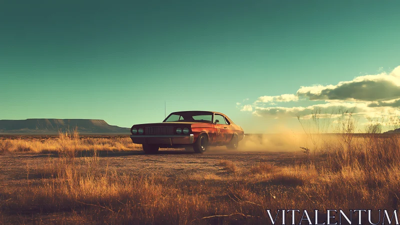 Muscle car powers through desert plain in golden dusk light.