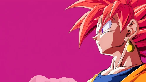 Bold anime warrior gazes ahead against bright pink sky