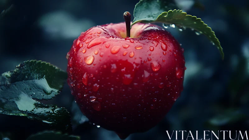 Glistening red apple sparkling with fresh morning raindrops.