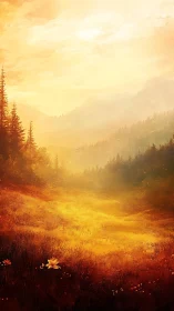 Golden mountain meadow glowing in soft evening light.