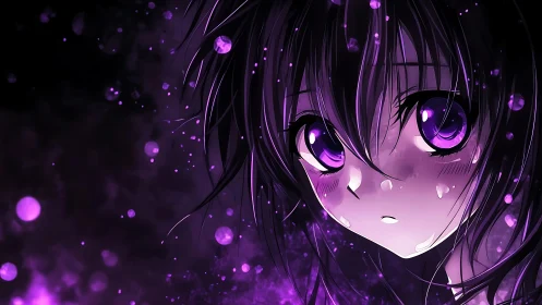 Anime portrait shows close-up face in violet particle field