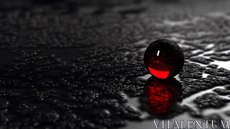 Glossy red glass sphere on textured black wet surface, digital art.