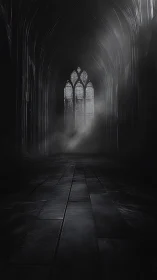 Gothic nave interior with misty backlit lancet window