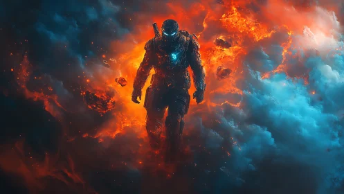 Armored sci fi soldier walks through fiery and icy nebula clouds
