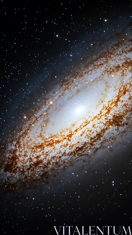 Spiral galaxy edge-on with dense dust lanes in space.