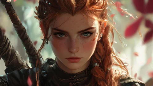 Red haired warrior hunts through soft autumn forest light.