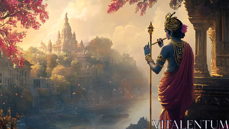 Divine flutist overlooking riverfront temple city at sunrise