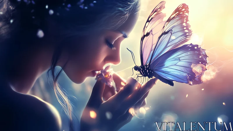 Luminescent girl in profile with macro iridescent butterfly