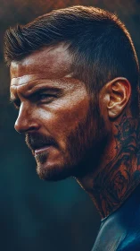 Tattooed male profile under dramatic golden side light.