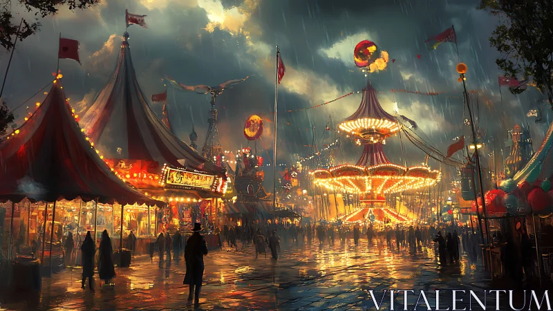 Digital painting of rainy carnival midway with luminous rides.