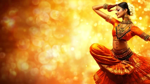 Classical Indian dancer holds graceful pose in golden light