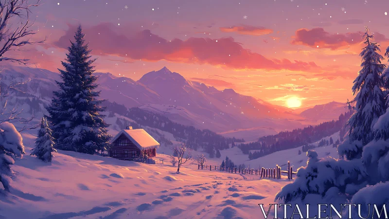 Snow covered cabin sits below mountains at vivid sunset