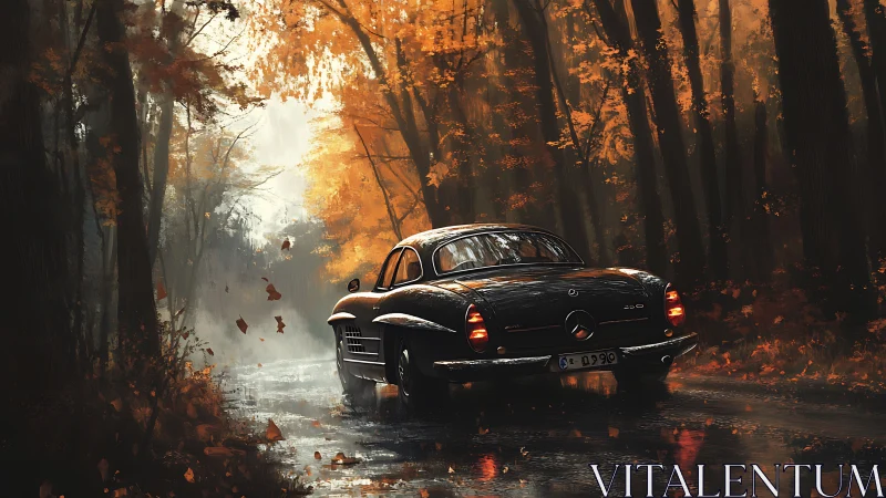 Classic coupe glides through misty autumn forest road.