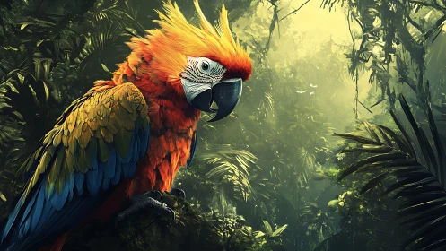 Spectral macaw portrait in volumetric jungle lighting.