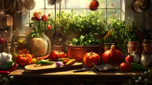Sunlit country kitchen still life with garden vegetables.