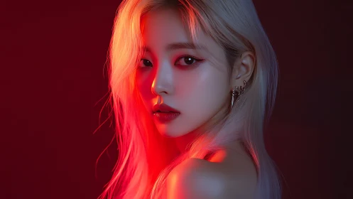 Neon-lit portrait captures intense gaze in deep red glow.