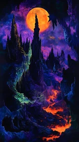 Lava chasm under neon moon within surreal cavernscape.
