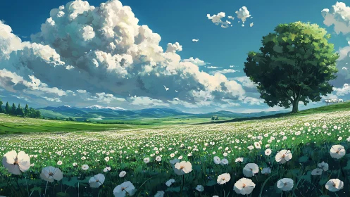 Sunlit wildflower meadow under sculpted cumulus sky.