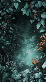 Dense teal foliage frames misty forest ground opening