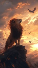 Majestic lion surveys sunlit sky from rugged cliff at dawn.